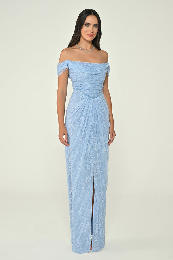 Low Shoulder Draped Shimmer Lace Long Dress