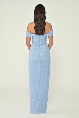 Low Shoulder Draped Shimmer Lace Long Dress