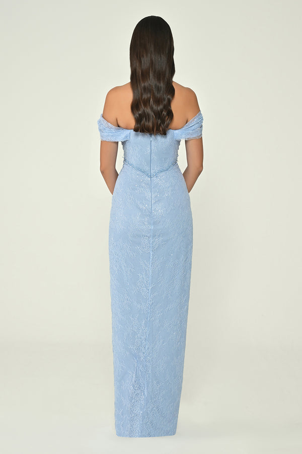 Low Shoulder Draped Shimmer Lace Long Dress