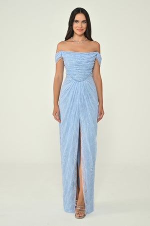 Low Shoulder Draped Shimmer Lace Long Dress