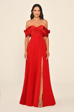Long Slit-Front Dress with Cold Shoulder and Heart Neckline