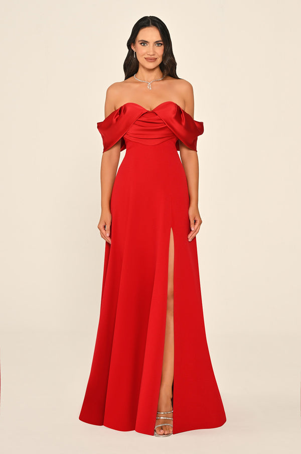 Long Slit-Front Dress with Cold Shoulder and Heart Neckline