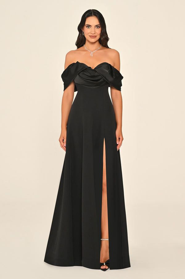 Long Slit-Front Dress with Cold Shoulder and Heart Neckline