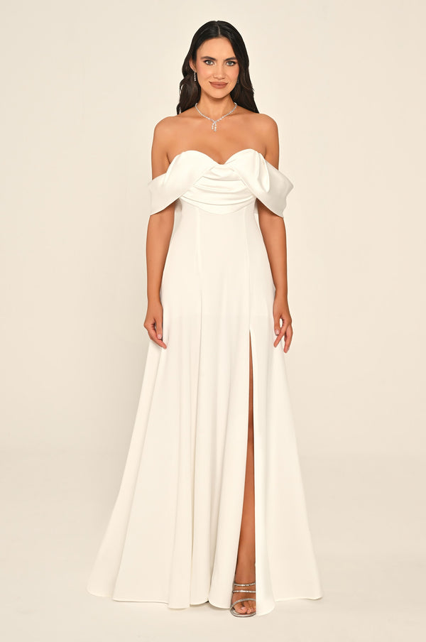 Long Slit-Front Dress with Cold Shoulder and Heart Neckline