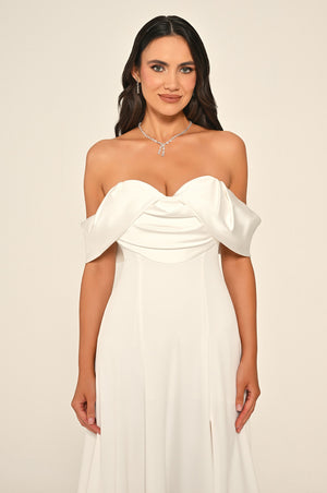 Long Slit-Front Dress with Cold Shoulder and Heart Neckline