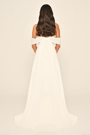 Long Slit-Front Dress with Cold Shoulder and Heart Neckline