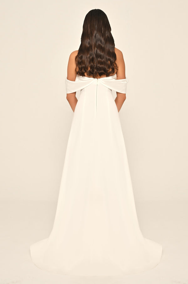 Long Slit-Front Dress with Cold Shoulder and Heart Neckline
