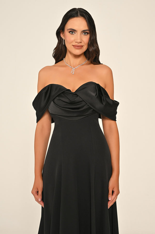 Long Slit-Front Dress with Cold Shoulder and Heart Neckline