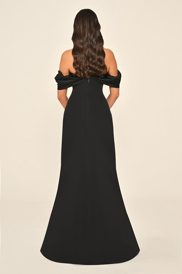 Long Slit-Front Dress with Cold Shoulder and Heart Neckline