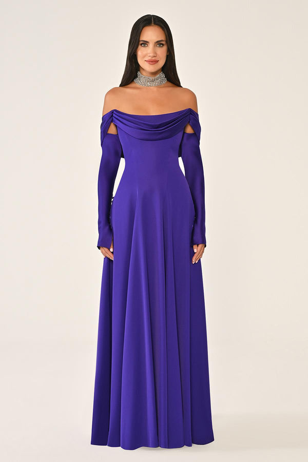 Dropped Shoulder Sleeves Satin Crepe Long Dress