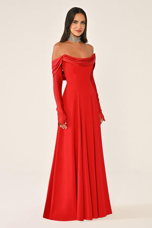 Dropped Shoulder Sleeves Satin Crepe Long Dress