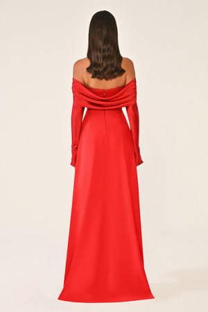 Dropped Shoulder Sleeves Satin Crepe Long Dress
