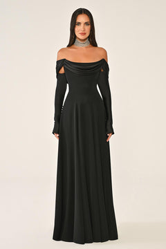 Dropped Shoulder Sleeves Satin Crepe Long Dress