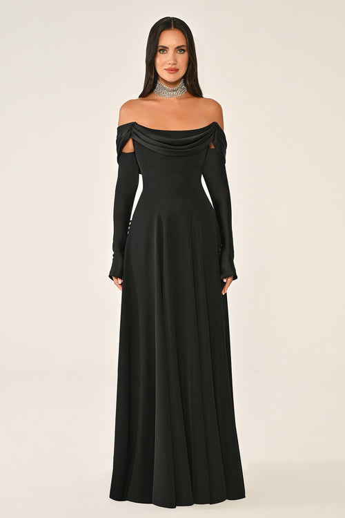 Dropped Shoulder Sleeves Satin Crepe Long Dress