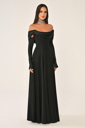 Dropped Shoulder Sleeves Satin Crepe Long Dress