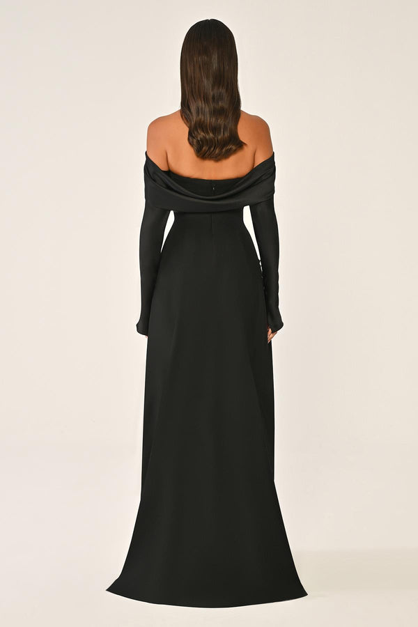 Dropped Shoulder Sleeves Satin Crepe Long Dress