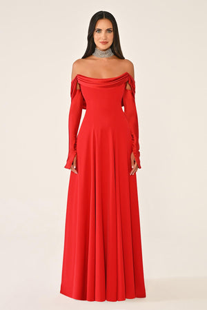 Dropped Shoulder Sleeves Satin Crepe Long Dress