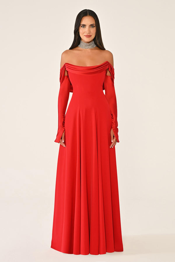 Dropped Shoulder Sleeves Satin Crepe Long Dress