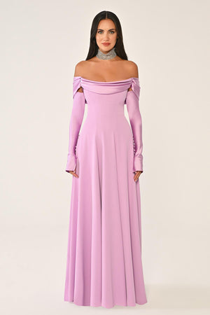 Dropped Shoulder Sleeves Satin Crepe Long Dress