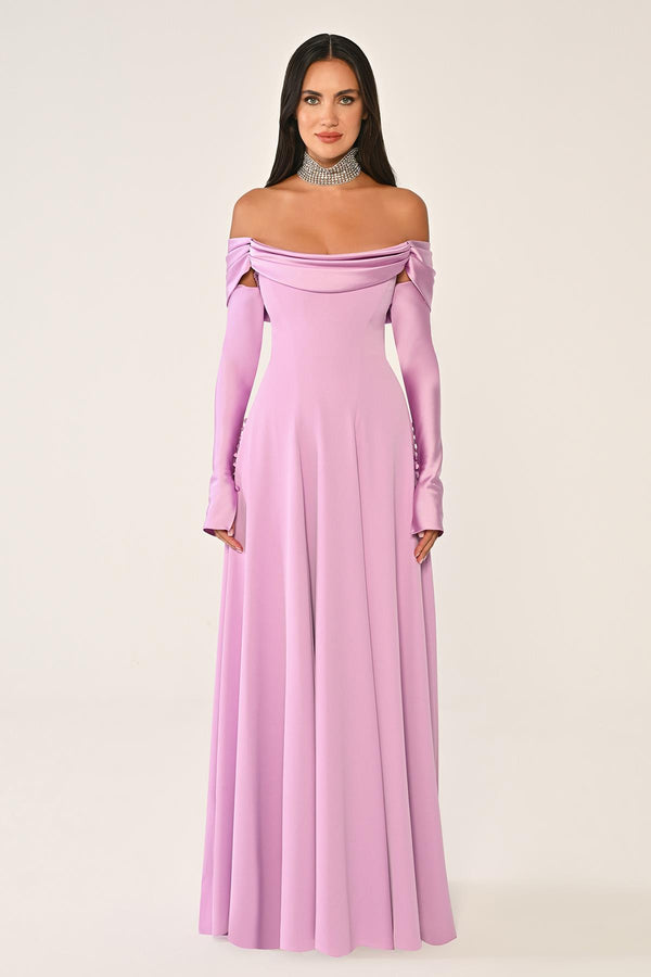 Dropped Shoulder Sleeves Satin Crepe Long Dress