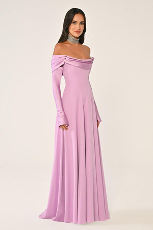 Dropped Shoulder Sleeves Satin Crepe Long Dress