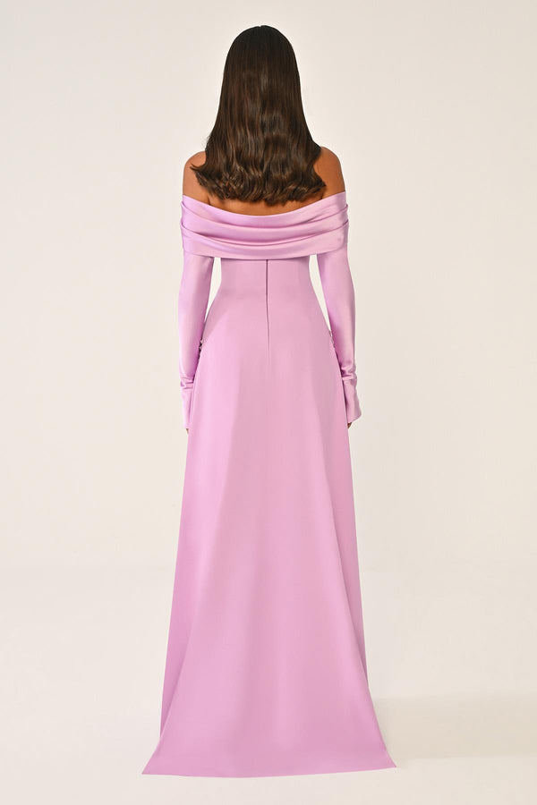 Dropped Shoulder Sleeves Satin Crepe Long Dress