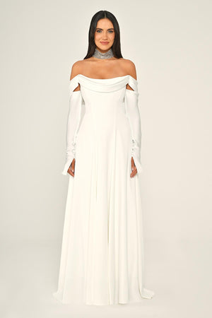 Dropped Shoulder Sleeves Satin Crepe Long Dress