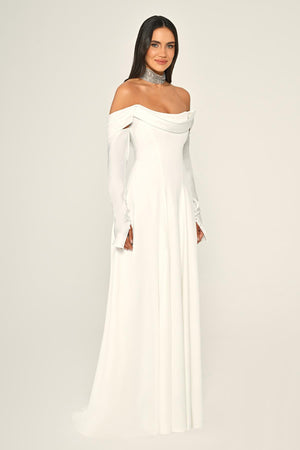Dropped Shoulder Sleeves Satin Crepe Long Dress