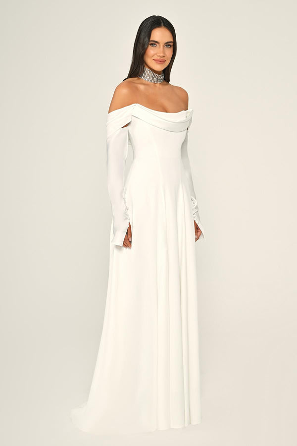 Dropped Shoulder Sleeves Satin Crepe Long Dress