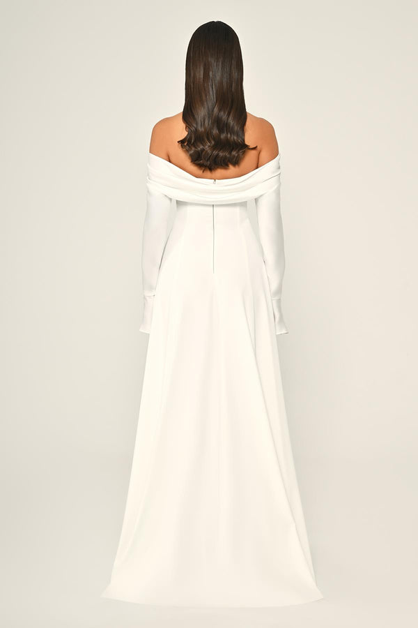 Dropped Shoulder Sleeves Satin Crepe Long Dress