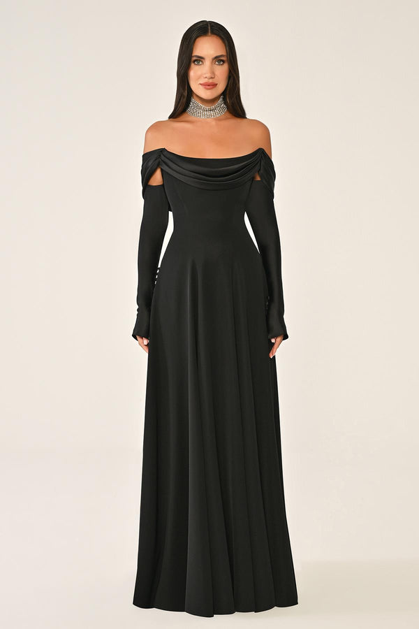Dropped Shoulder Sleeves Satin Crepe Long Dress