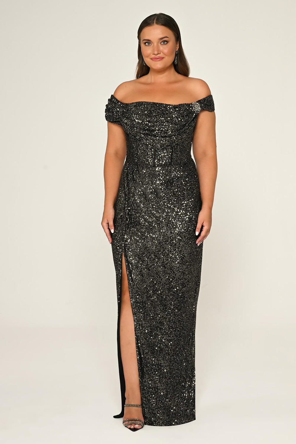 Low Shoulder Front Slit Sequin Long Dress