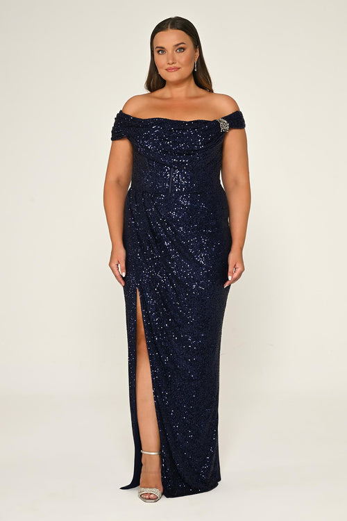 Low Shoulder Front Slit Sequin Long Dress