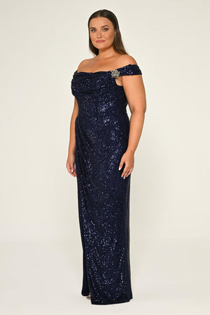 Low Shoulder Front Slit Sequin Long Dress