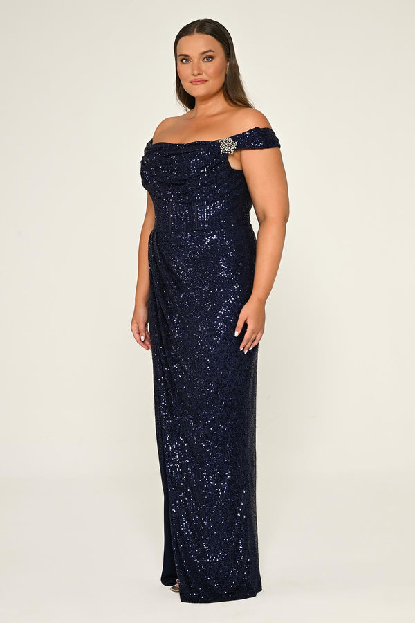 Low Shoulder Front Slit Sequin Long Dress