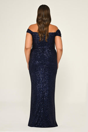 Low Shoulder Front Slit Sequin Long Dress