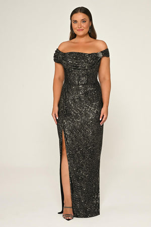 Low Shoulder Front Slit Sequin Long Dress