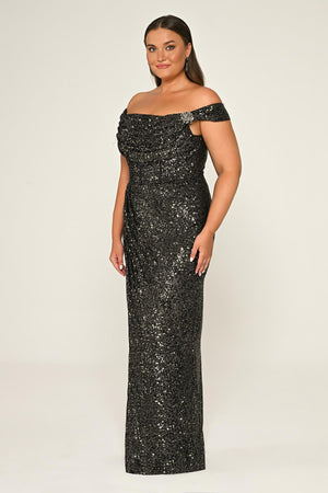 Low Shoulder Front Slit Sequin Long Dress