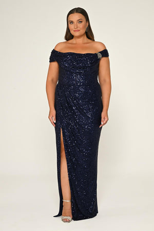 Low Shoulder Front Slit Sequin Long Dress