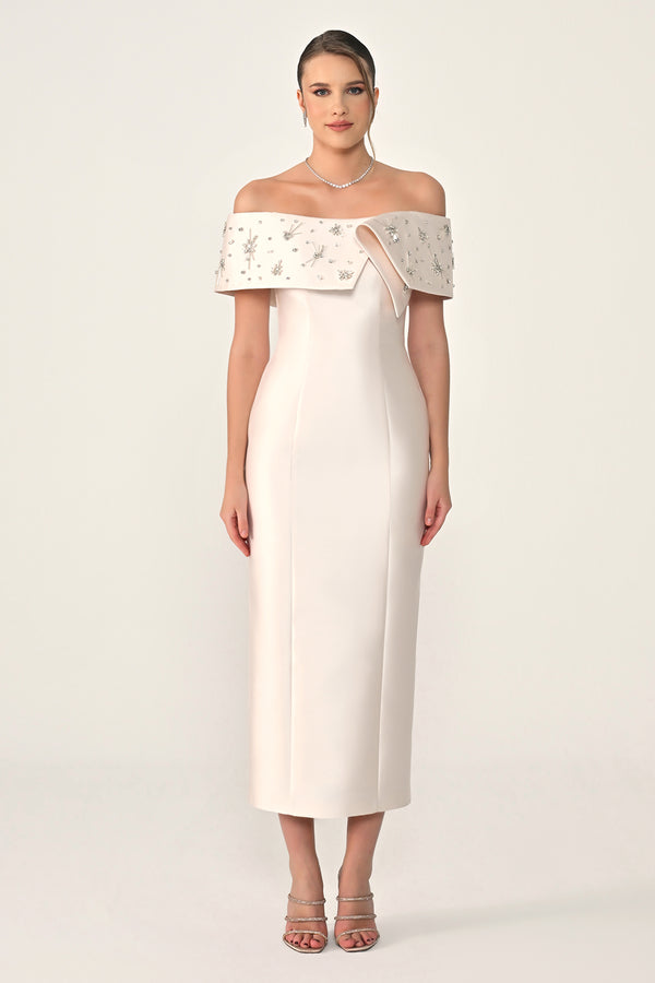 Stone-Embellished Ziberlin Fabric Midi Dress with Dropped Shoulders