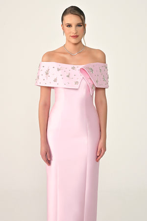 Stone-Embellished Ziberlin Fabric Midi Dress with Dropped Shoulders