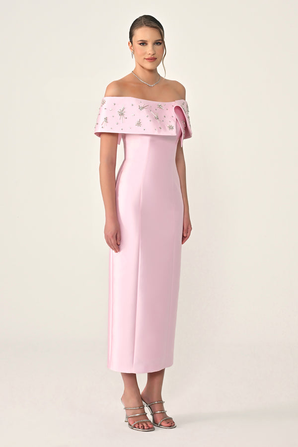 Stone-Embellished Ziberlin Fabric Midi Dress with Dropped Shoulders
