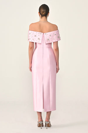 Stone-Embellished Ziberlin Fabric Midi Dress with Dropped Shoulders