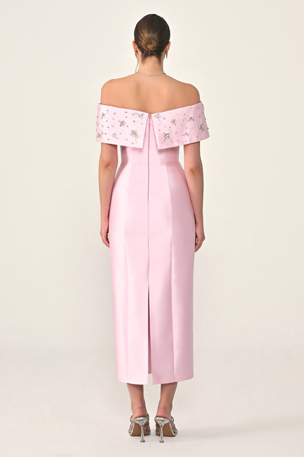 Stone-Embellished Ziberlin Fabric Midi Dress with Dropped Shoulders