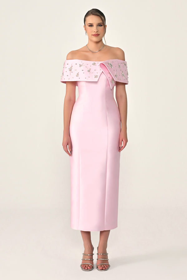 Stone-Embellished Ziberlin Fabric Midi Dress with Dropped Shoulders