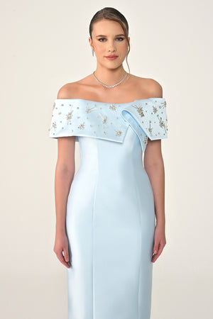 Stone-Embellished Ziberlin Fabric Midi Dress with Dropped Shoulders