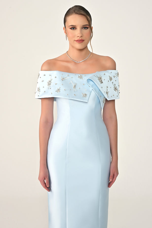 Stone-Embellished Ziberlin Fabric Midi Dress with Dropped Shoulders