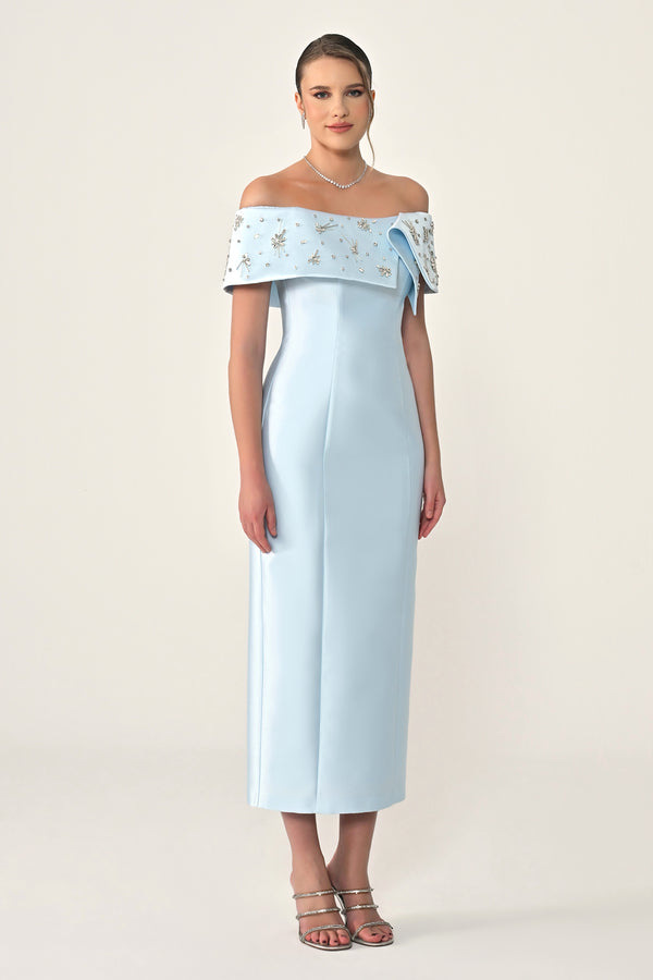 Stone-Embellished Ziberlin Fabric Midi Dress with Dropped Shoulders