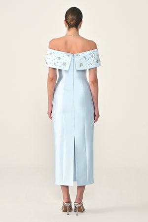 Stone-Embellished Ziberlin Fabric Midi Dress with Dropped Shoulders