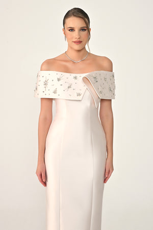 Stone-Embellished Ziberlin Fabric Midi Dress with Dropped Shoulders